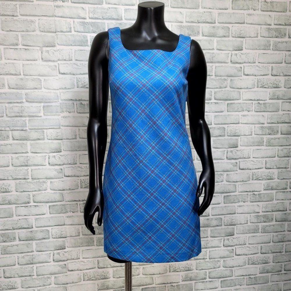 United Colors Of Benetton Womens 38 Blue Plaid‎ Wool Blend Shift Mod Dress